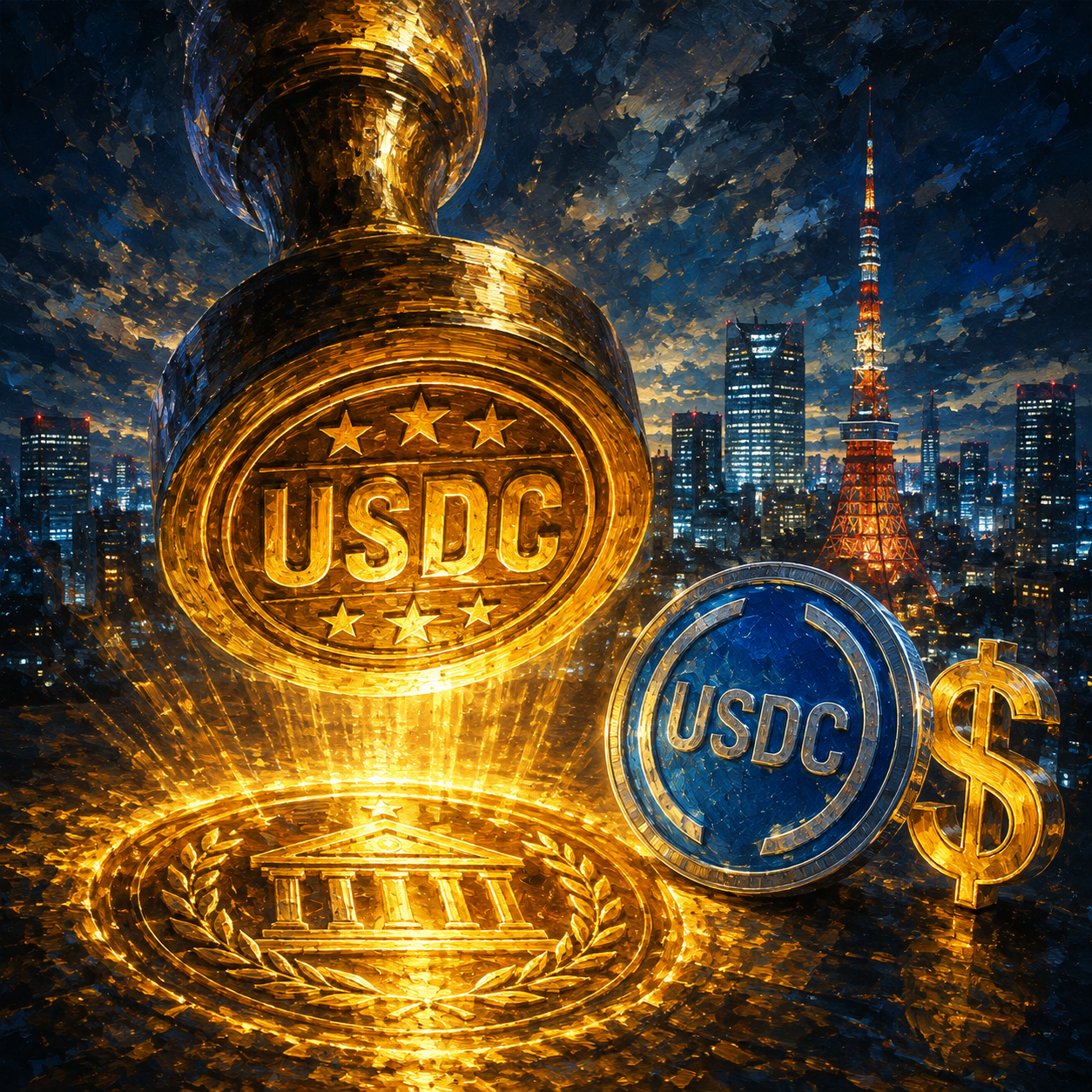 コインチェックのUSDCステーブルコイン取扱い登録完了を象徴する金色の認可スタンプと東京タワーの夜景