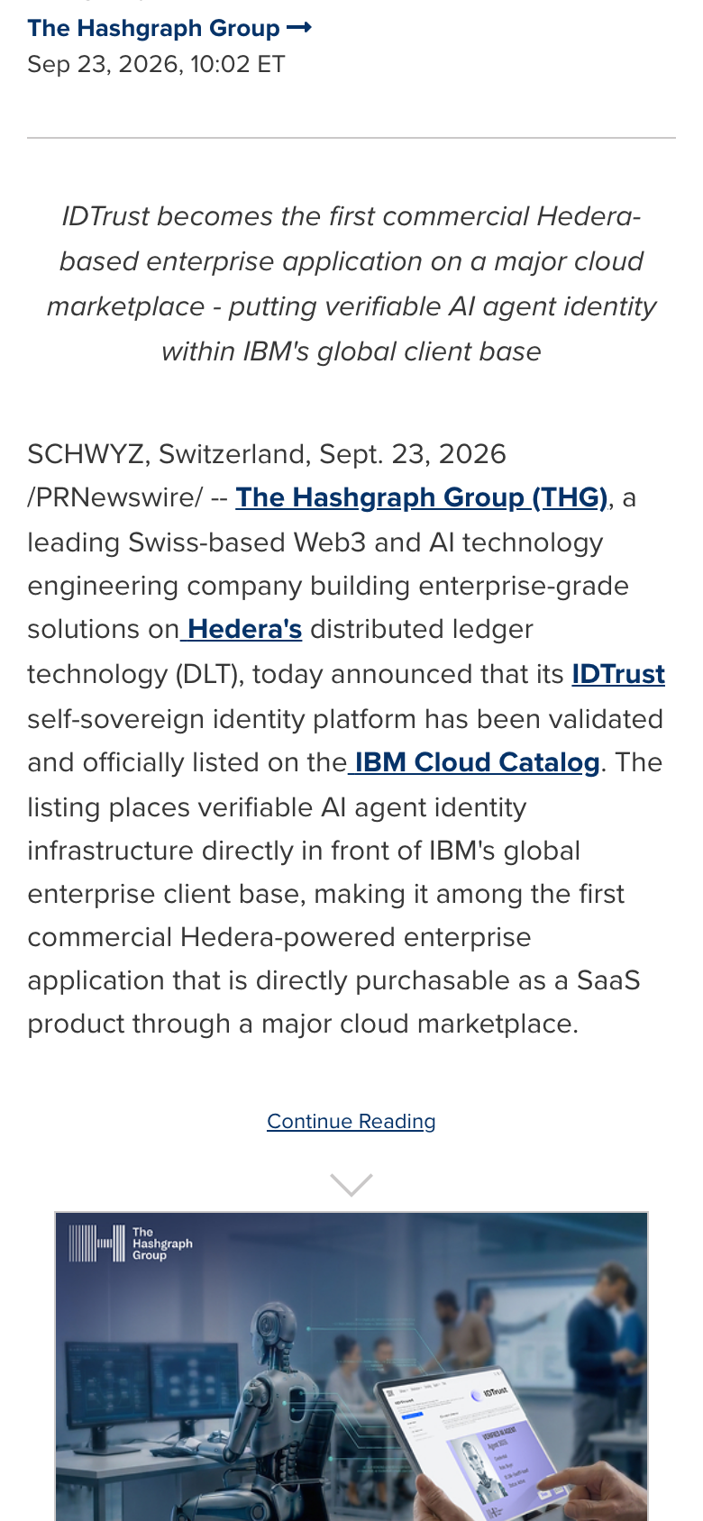 THGとIBMの提携を発表したプレスリリース。IDTrustがIBM Cloudカタログに掲載されたと書かれている