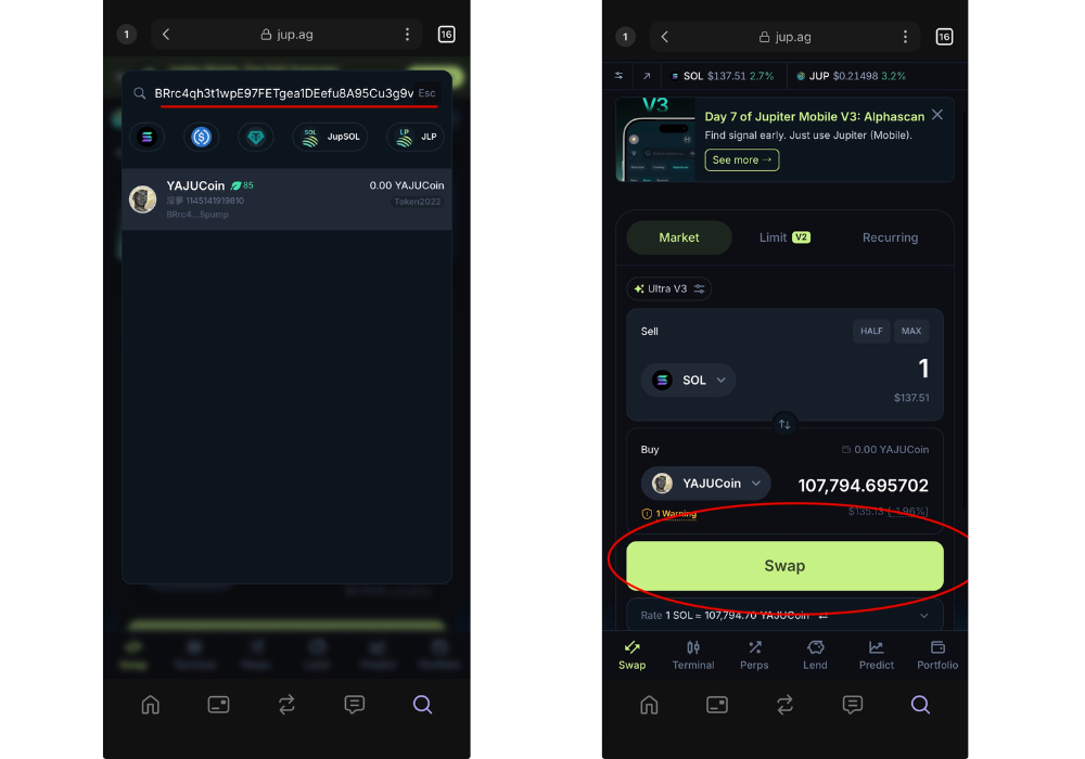 YAJUcoin SWAP DEX Jupiter（残高部分は塗りつぶし）