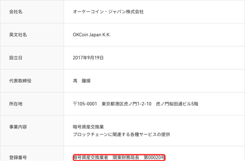 OKJ公式サイトの会社概要。商号オーケーコイン・ジャパン株式会社、登録番号 暗号資産交換業者 関東財務局長 第00020号