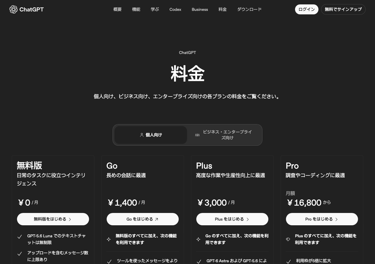 ChatGPTの料金ページ(日本語)。Go・Plus・Proのプランと月額料金