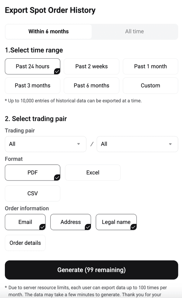 Bitgetの現物注文履歴エクスポート画面。PDF、Excel、CSVを選べ、メール・住所・氏名を含めるかのチェック欄がある