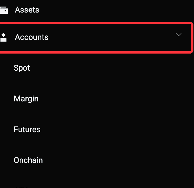 Bitgetのプロフィールメニュー。Accounts(アカウント)を開くとSpot(現物)、Margin、Futures(先物)、Onchainを選べる