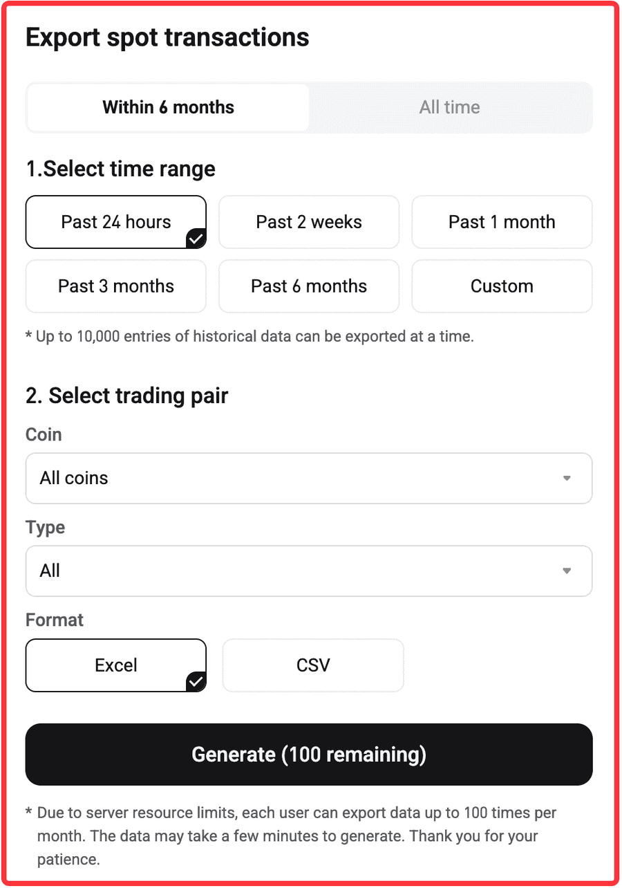Bitgetの現物取引履歴エクスポート画面。期間、通貨、種類、ExcelかCSVを選び、Generateで作成する。1回1万件、月100回までの注記がある