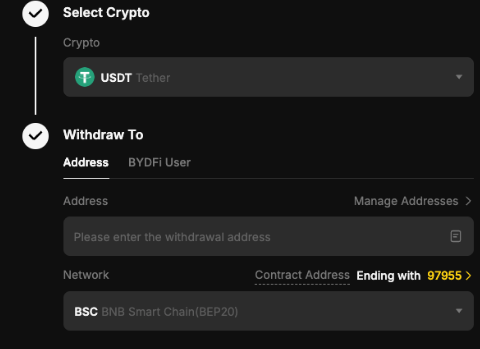 BYDFiの出金画面の例。通貨（USDT）、受け取りアドレス、ネットワーク（BSC）を入力する