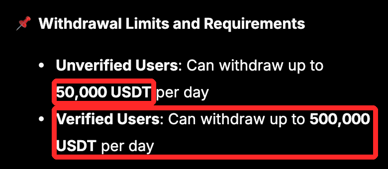 BYDFi公式ヘルプの出金上限の説明。本人確認なし（Unverified）は1日50,000 USDT、本人確認済み（Verified）は1日500,000 USDTまで