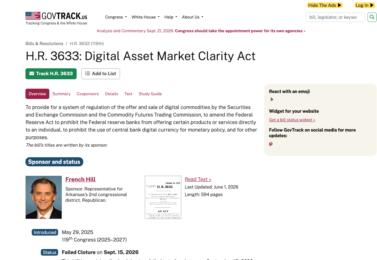 GovTrackのH.R.3633（Digital Asset Market Clarity Act）の法案ページ。ステータスはFailed Cloture on Sept. 15, 2026