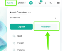 CoinExの画面右上のAssetsメニューからWithdrawを選ぶ画面