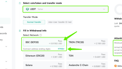 CoinExの出金画面でUSDTとネットワークを選ぶ画面