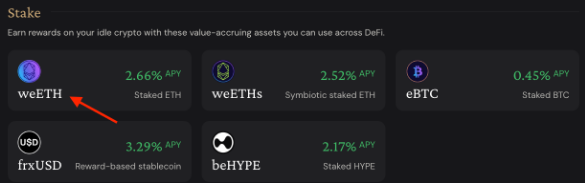 ether.fiのEarnページでweETHのステーキングを選ぶ画面
