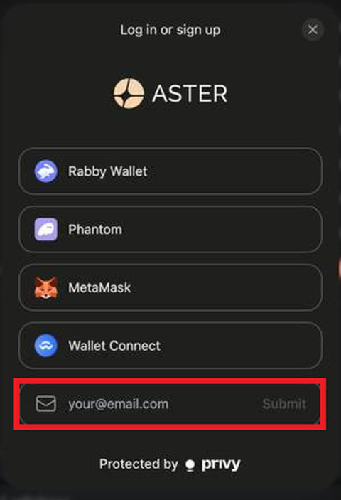 Asterのメールアドレスログイン画面