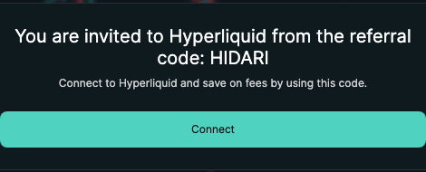 Hyperliquidの紹介リンク（HIDARI）を開いた画面