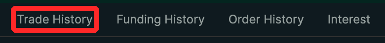 Hyperliquid公式Web版のPortfolio画面の履歴タブ。Trade History、Funding History、Order History、Interestが並ぶ
