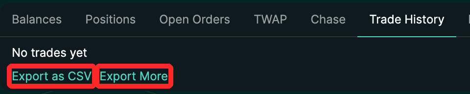 Hyperliquid公式Web版のTrade Historyタブ。表の下にExport as CSVとExport Moreのボタンがある