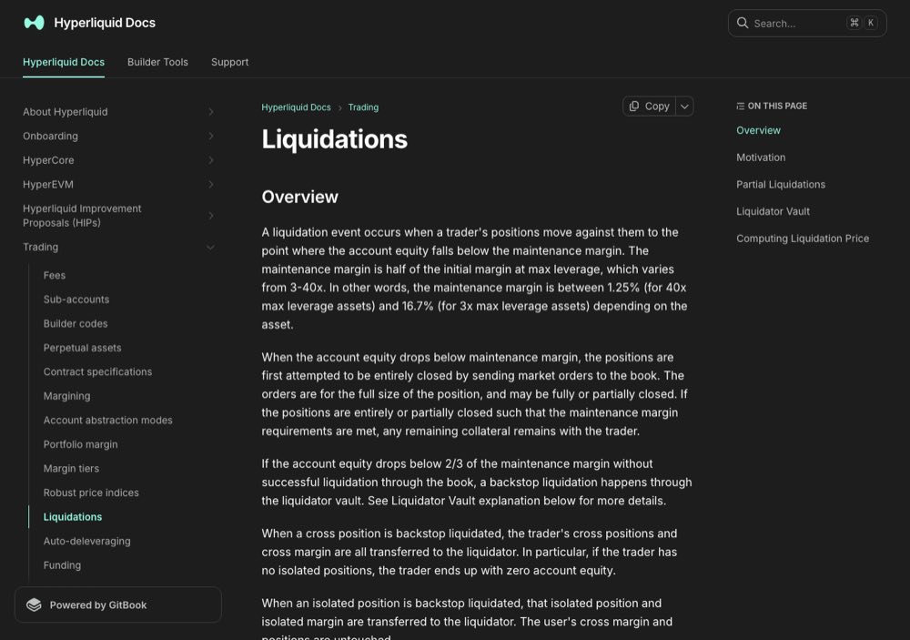 Hyperliquid公式ドキュメントの清算の説明ページ