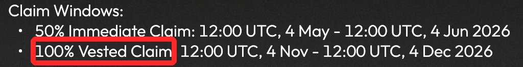 Aster公式エアドロップページのStage 6の受け取り期間。100% Vested Claimは12:00 UTC, 4 Nov〜12:00 UTC, 4 Dec 2026