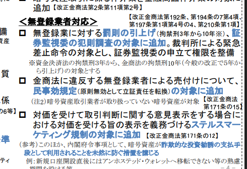 改正金商法の金融庁説明資料「＜無登録業者対応＞」。無登録業に対する罰則の引上げ（拘禁刑3年から10年）の記載
