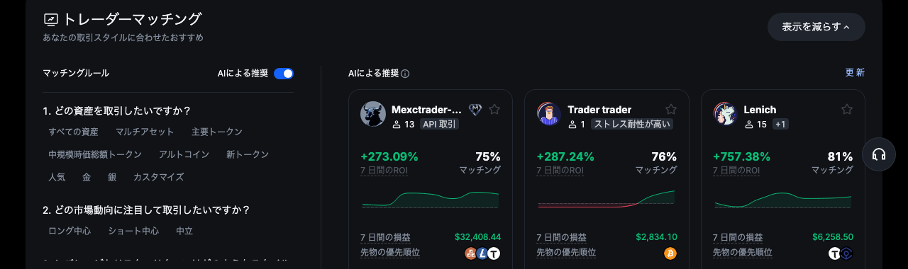 MEXCのコピートレードでトレーダーの成績一覧が表示された画面
