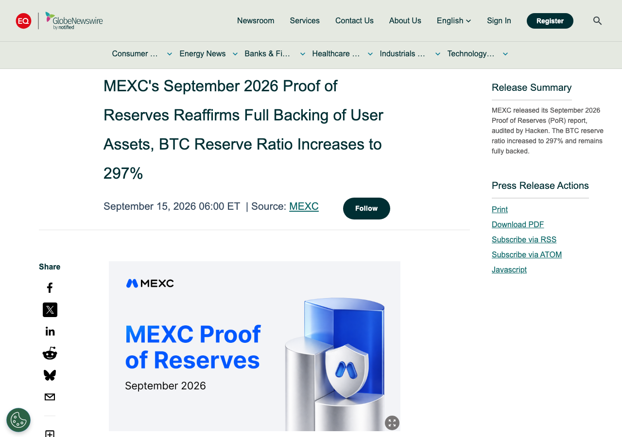 MEXCの準備金証明の発表。BTC準備率297%