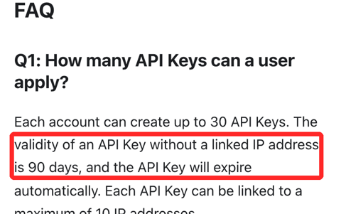 MEXCのAPI仕様。IPアドレスを紐付けていないAPIキーは90日で失効すると書かれている