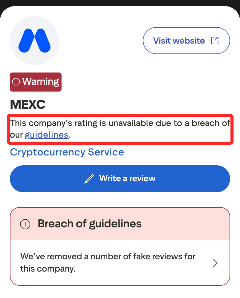 TrustpilotのMEXCのページ。評価は非表示の告知