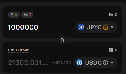 JPYC 100万枚をUSDCにスワップした際の見積もり画面、21302USDCと表示されている