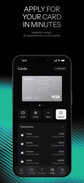 KASTアプリのカード画面。VISA Platinumのバーチャルカードが表示されている