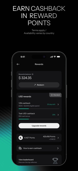 KASTアプリのリワード画面。USDのキャッシュバック残高とRedeemボタン