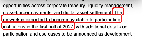 The Clearing Houseの発表文。「The network is expected to become available to participating institutions in the first half of 2027」の一文