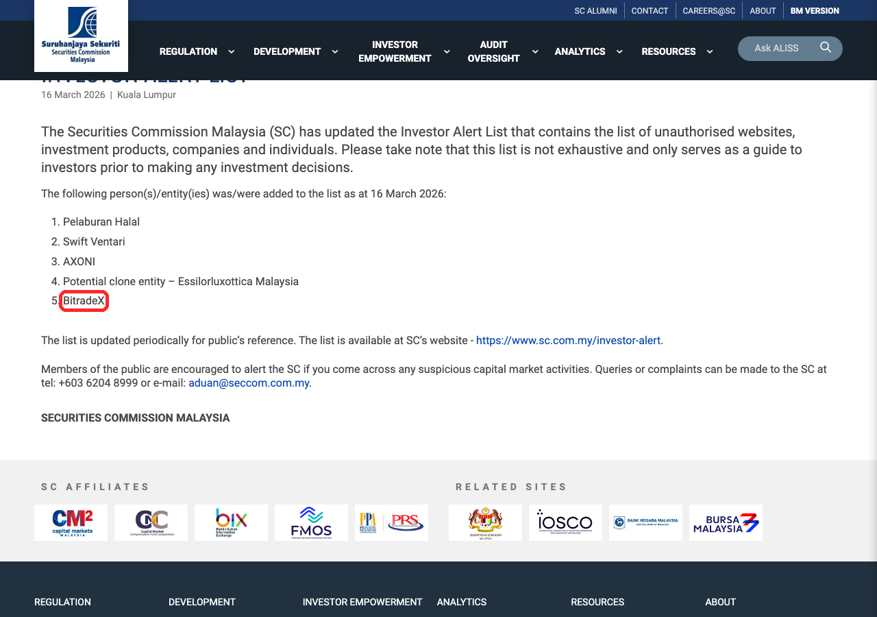 マレーシア証券委員会の投資家警告リストにBitradeXが追加された発表