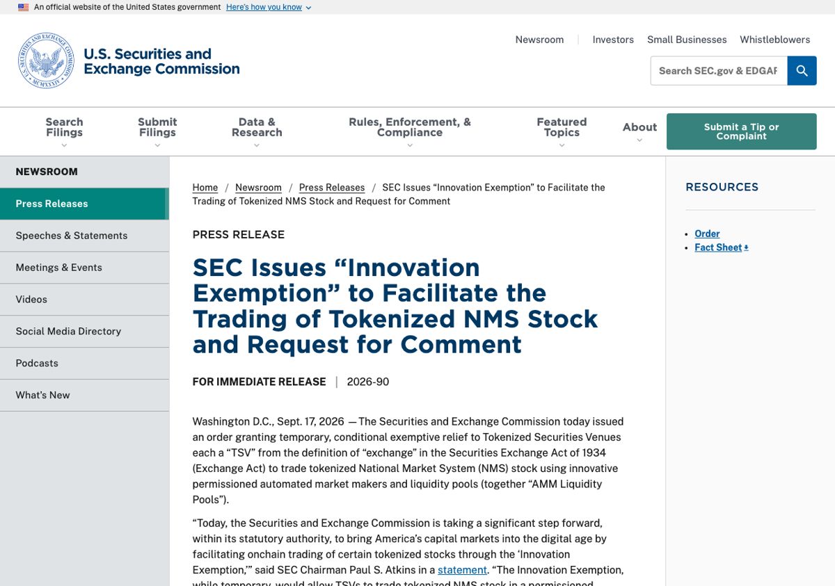 SECの公式発表2026-90「Innovation Exemption」のページ