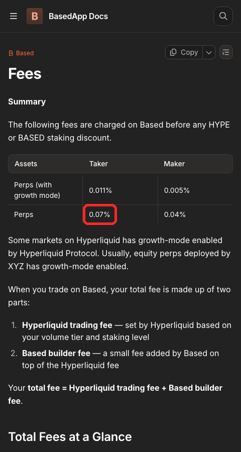 BasedApp公式ドキュメントの手数料ページ。Perpsはテイカー0.07%／メイカー0.04%