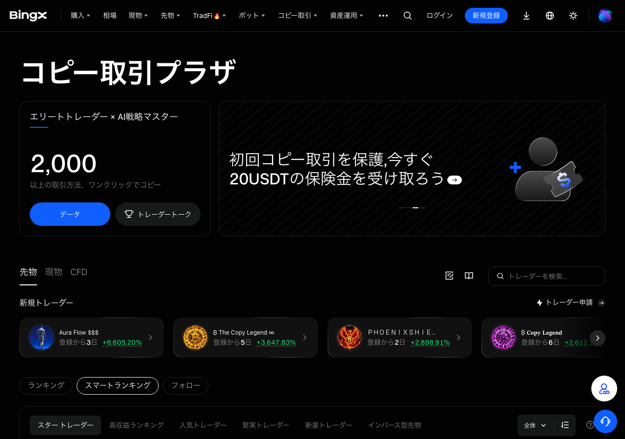 BingXのコピートレードのページ。トレーダーごとの収益率やフォロワー数がカード形式で並んでいる