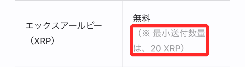 bitFlyer公式の手数料一覧。XRPの送付手数料は無料、最小送付数量は20 XRP