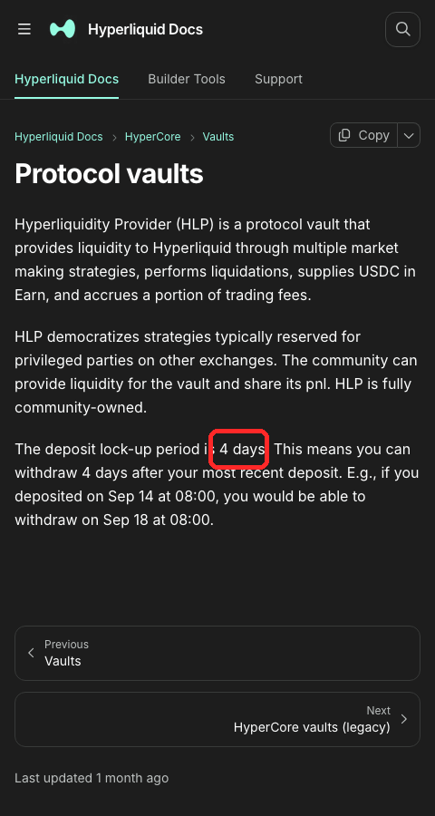 Hyperliquid公式ドキュメント「Protocol vaults」。HLPの預け入れのロック期間は4日と書かれている