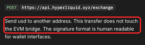 Hyperliquid公式ドキュメントの「Withdrawではなく Sendを使った場合」の説明