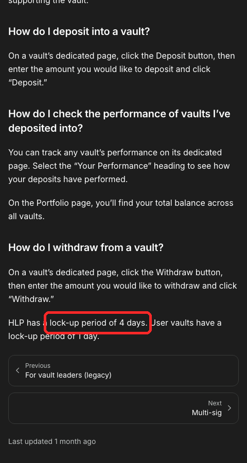 Hyperliquid公式ドキュメント「For vault depositors」。HLPのロックは4日、ユーザーVaultは1日と書かれている