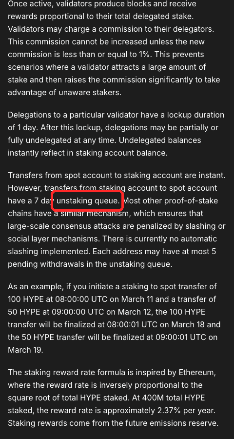 Hyperliquid公式ドキュメントのStakingページ。「7 day unstaking queue」の記載