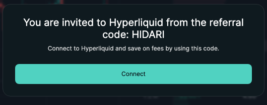 紹介リンク（コードHIDARI）から開いたHyperliquidの画面。招待コードHIDARIと「Connect」ボタンを赤枠で表示