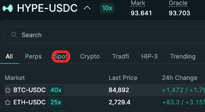 Hyperliquidの現物取引画面でHYPE/USDCを表示したところ。ペア名「HYPE/USDC」を赤枠で表示