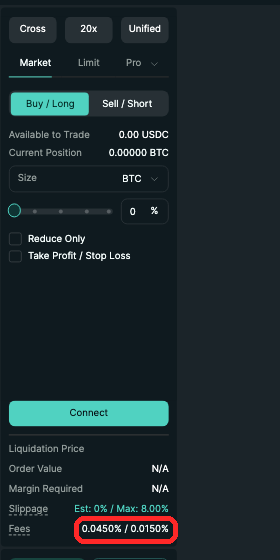 HyperliquidのBTC無期限先物の取引画面。チャート、手数料0.0450%/0.0150%が表示されている