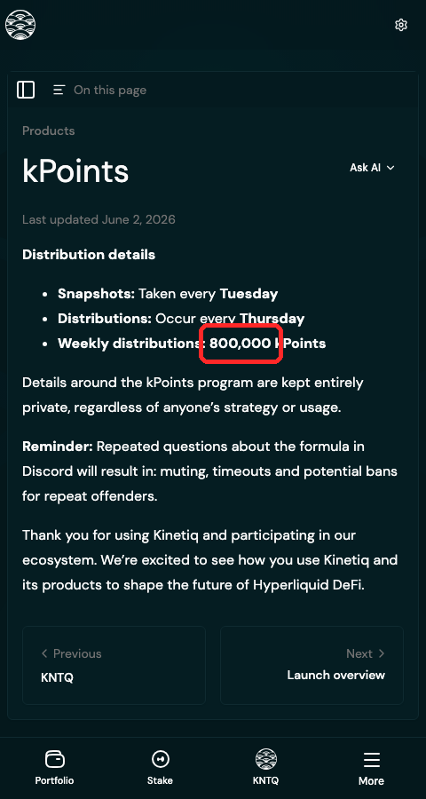 Kinetiq公式ドキュメントのkPointsのページ。毎週火曜に集計、木曜に配布、週80万kPoints