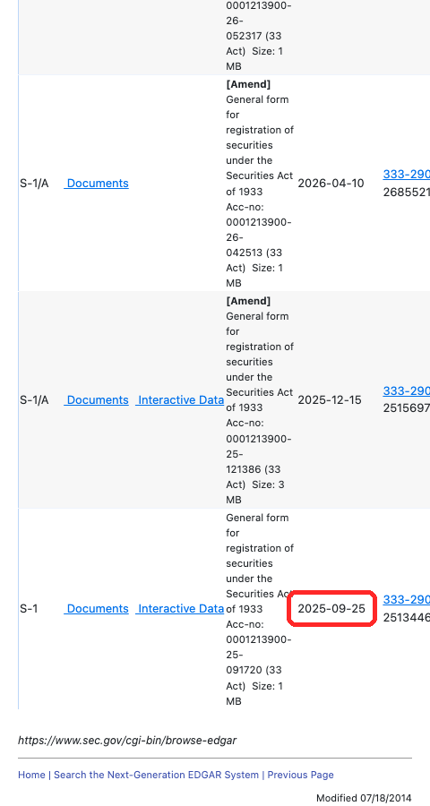 SEC EDGARのBitwise Hyperliquid ETF提出書類一覧。S-1が2025-09-25に提出されたことを表示