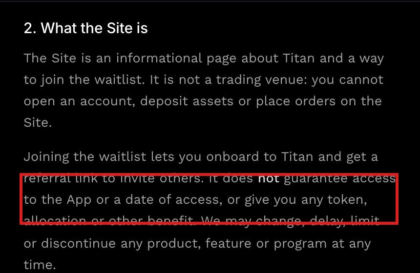 Titan利用規約の「ウェイトリストはトークンや配分を与えない」という一文