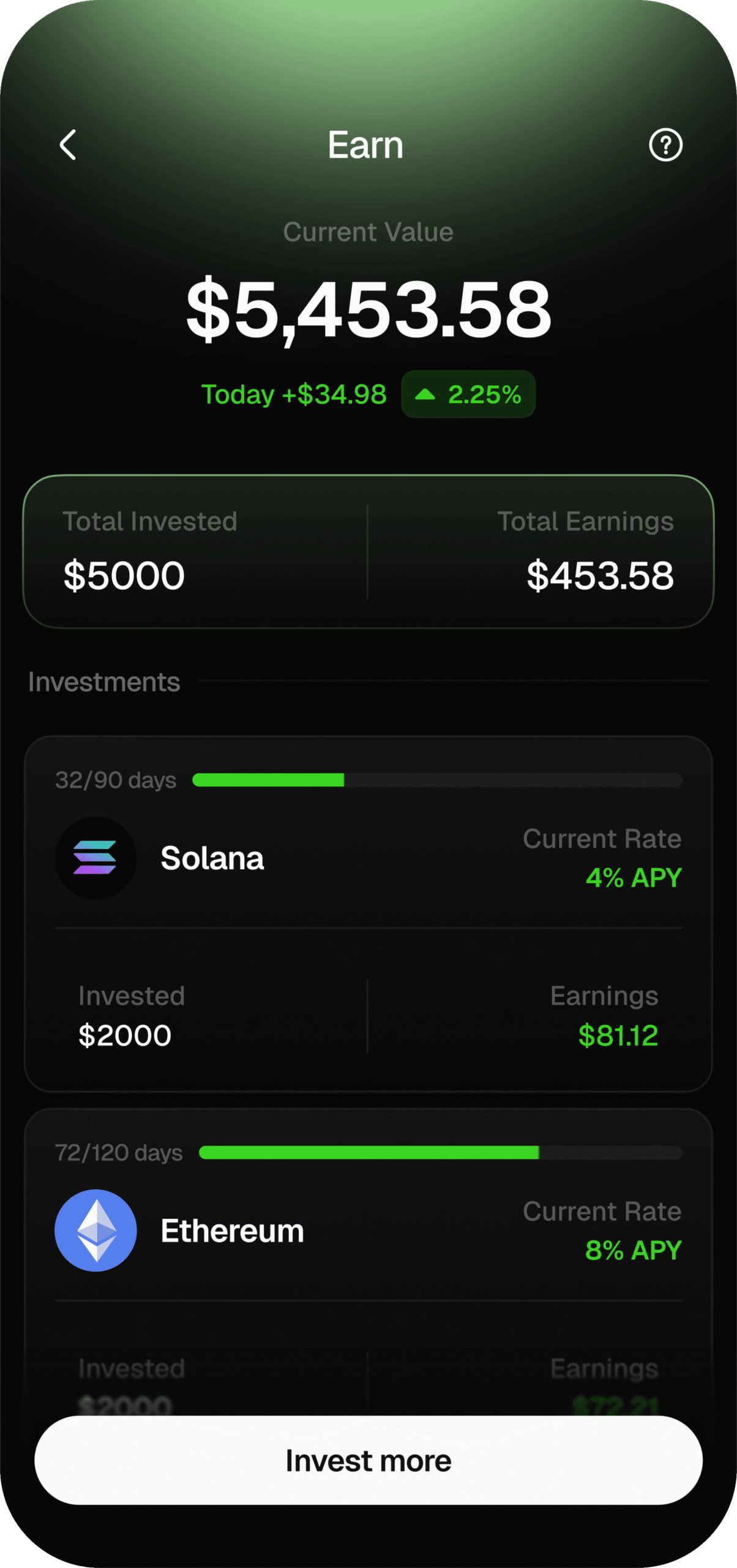 Triaアプリの運用（Earn）画面。SolanaやEthereumの運用残高と利回り