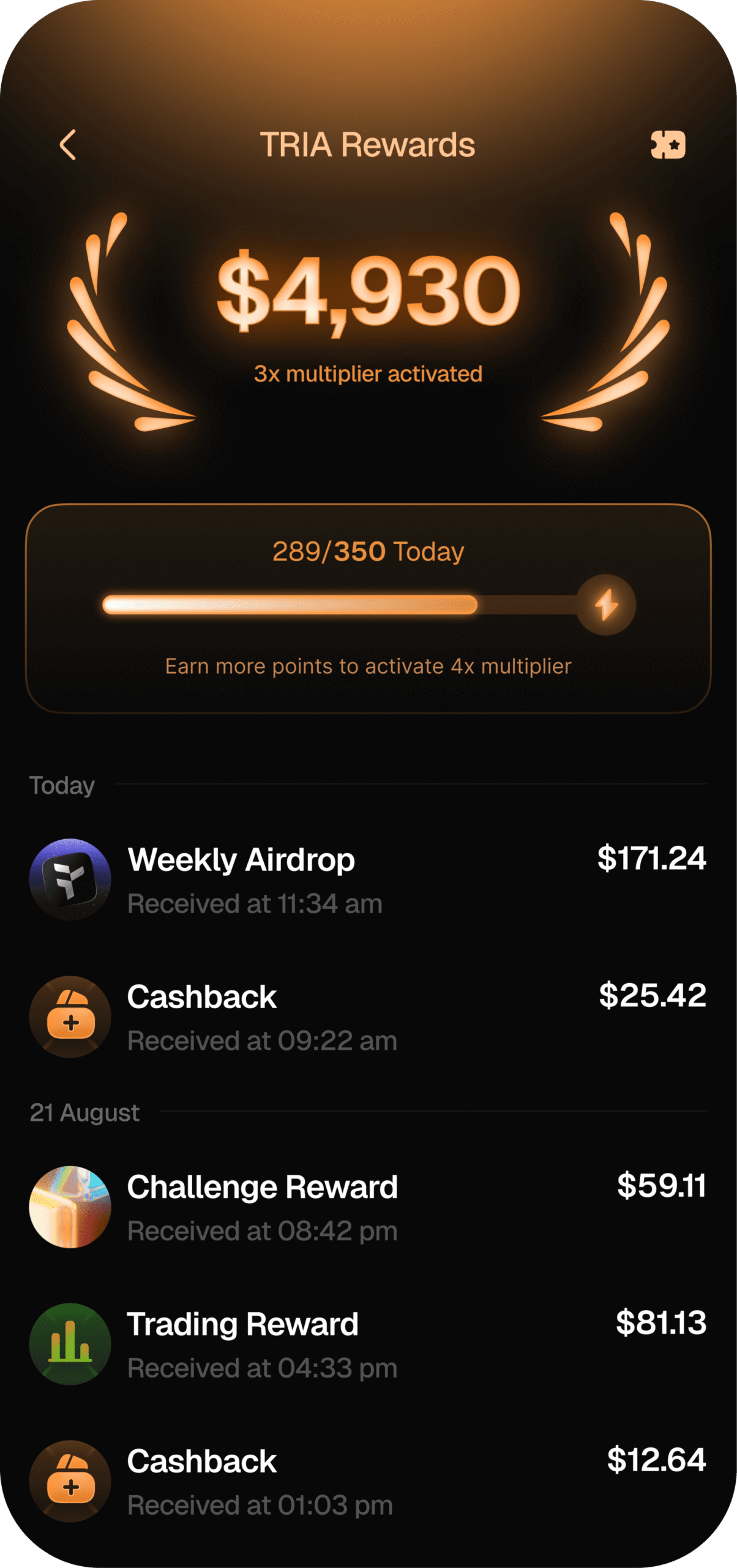 Triaアプリの報酬画面。Cashbackなどの受け取り履歴が並ぶ