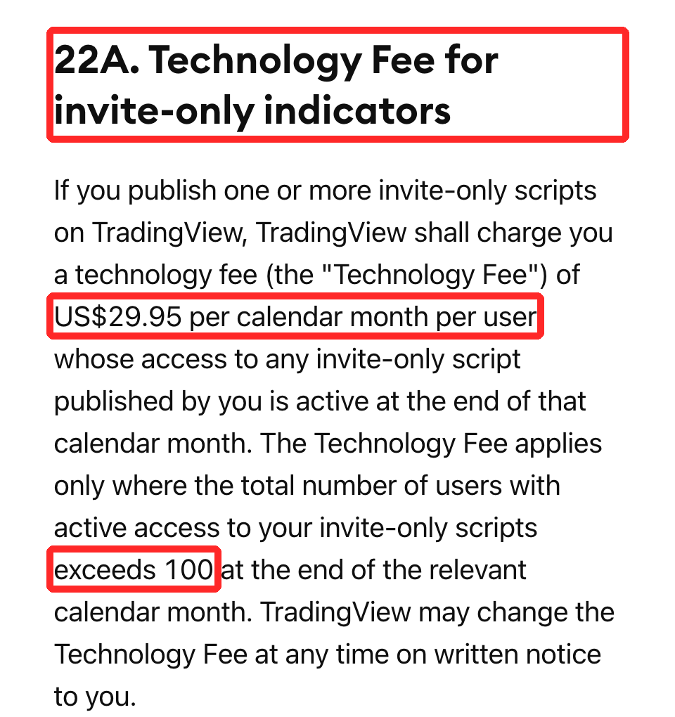 TradingView利用規約の保存版。22A条 Technology Fee for invite-only indicators の見出しと、US$29.95 per calendar month per user、exceeds 100 の部分に赤枠