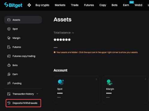 Bitgetの出金状況を監視する画面（Deposits/Withdrawals）
