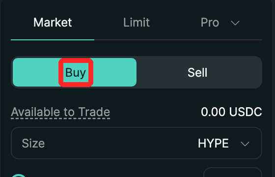 Hyperliquidの現物HYPE/USDCの注文パネル（Buy・Sellのみ）