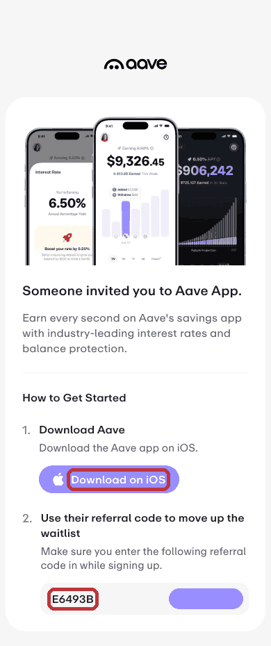 Aave Appの招待ページ。iOSアプリのダウンロードボタンと招待コードE6493B